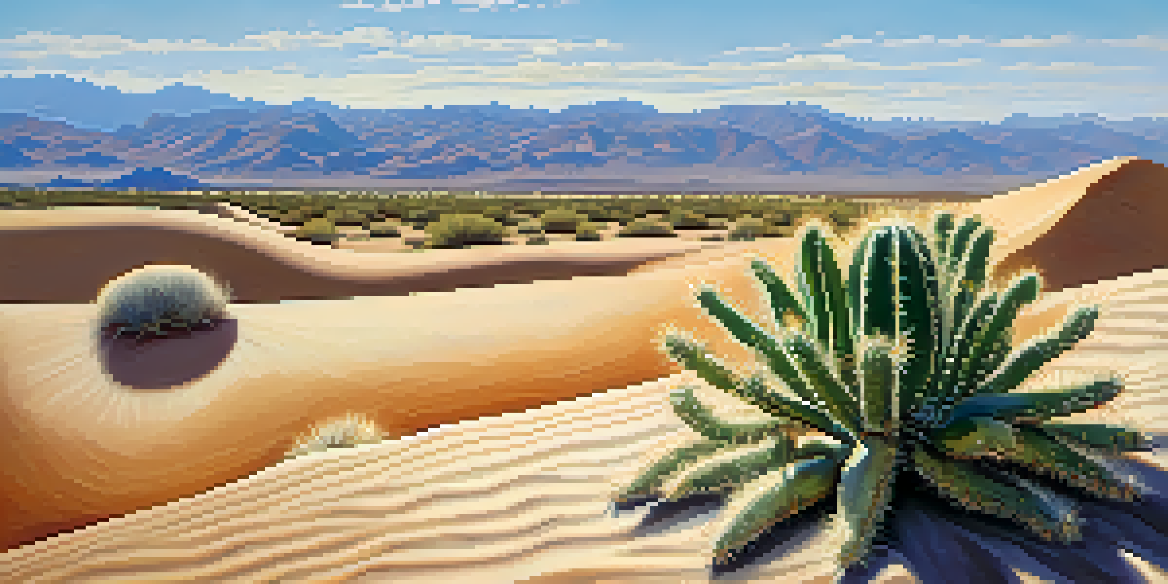 A peaceful desert scene with a peyote cactus in front of sand dunes and distant mountains under a clear blue sky.