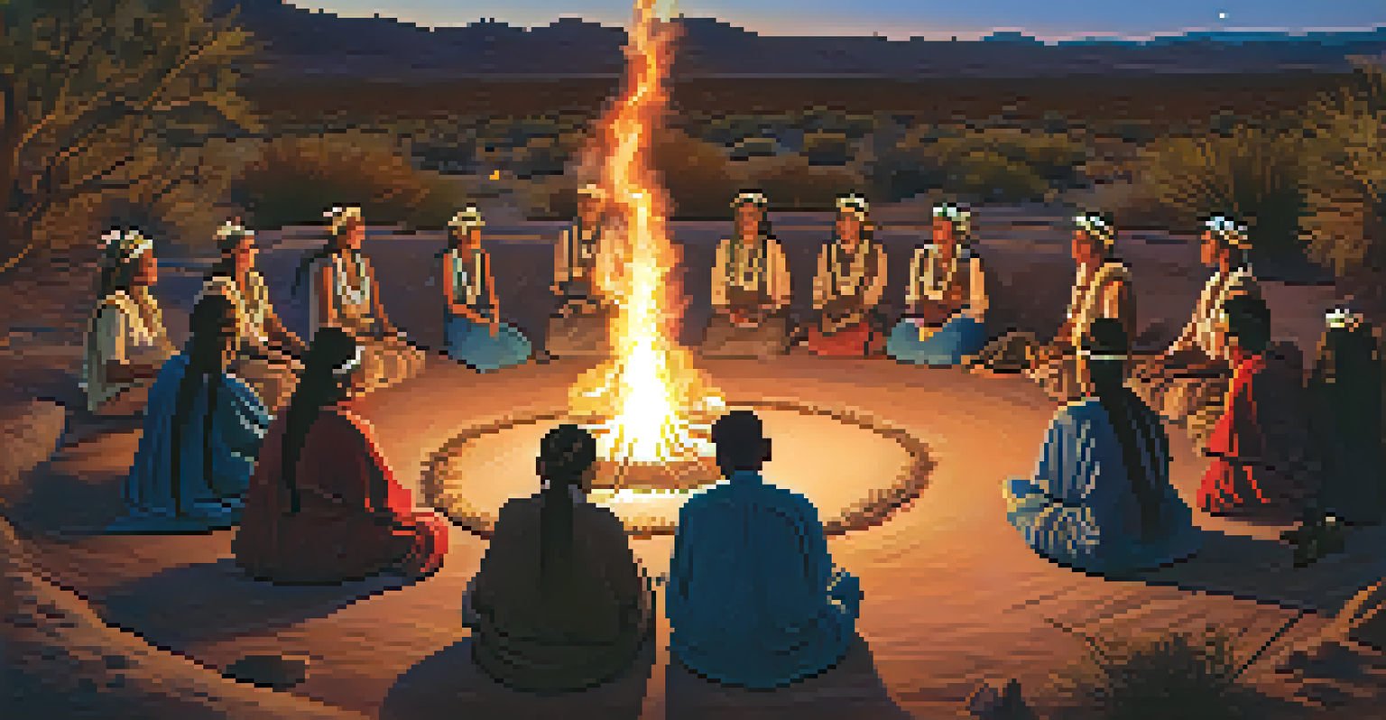 An Indigenous ceremony at dusk with participants around a fire, surrounded by desert plants and stars.