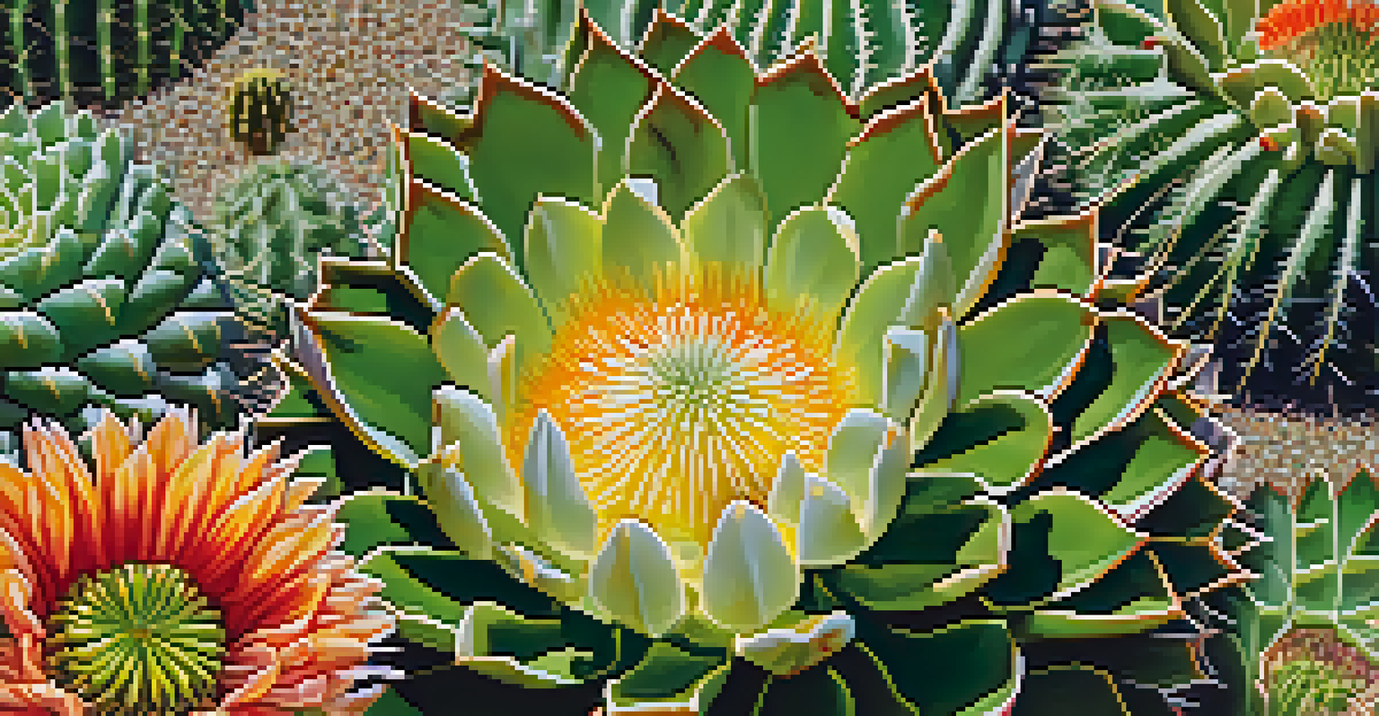 A close-up view of a peyote cactus amidst colorful wildflowers, highlighting its textures.