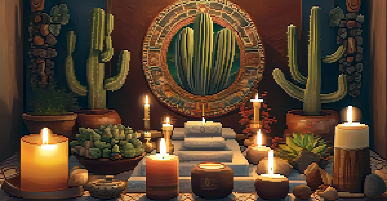 A close-up of an altar with a peyote cactus, candles, and natural elements, illuminated by warm candlelight.