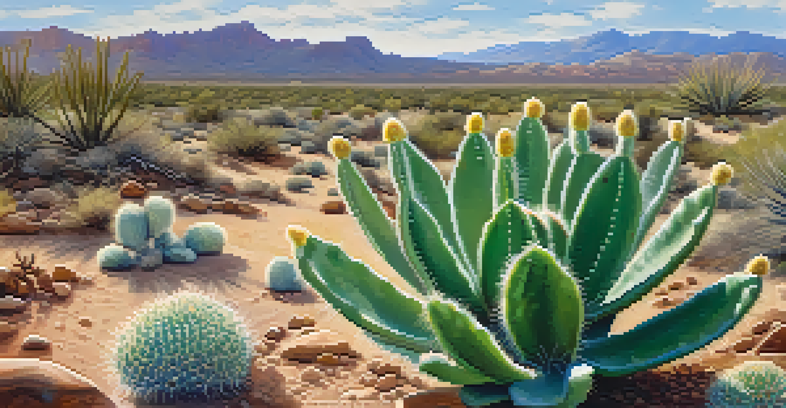 Close-up of a Peyote cactus with textured skin and desert background, illuminated by soft sunlight and adorned with wildflowers.