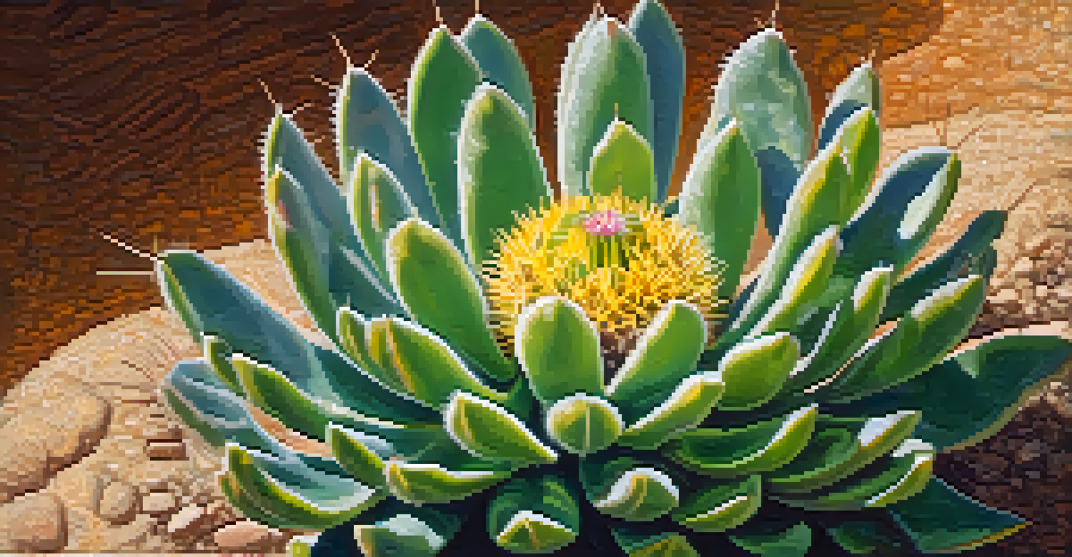 Close-up of a peyote cactus with a round shape and green color, showing spines and flowers against a sandy background.