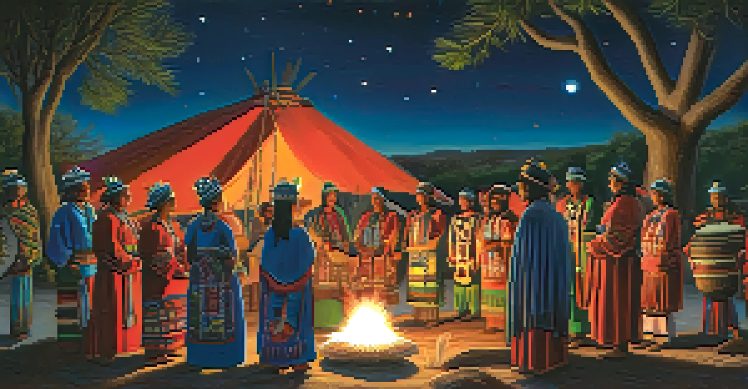 A peyote ceremony led by a roadman under a starlit sky, with participants engaged in singing and drumming.