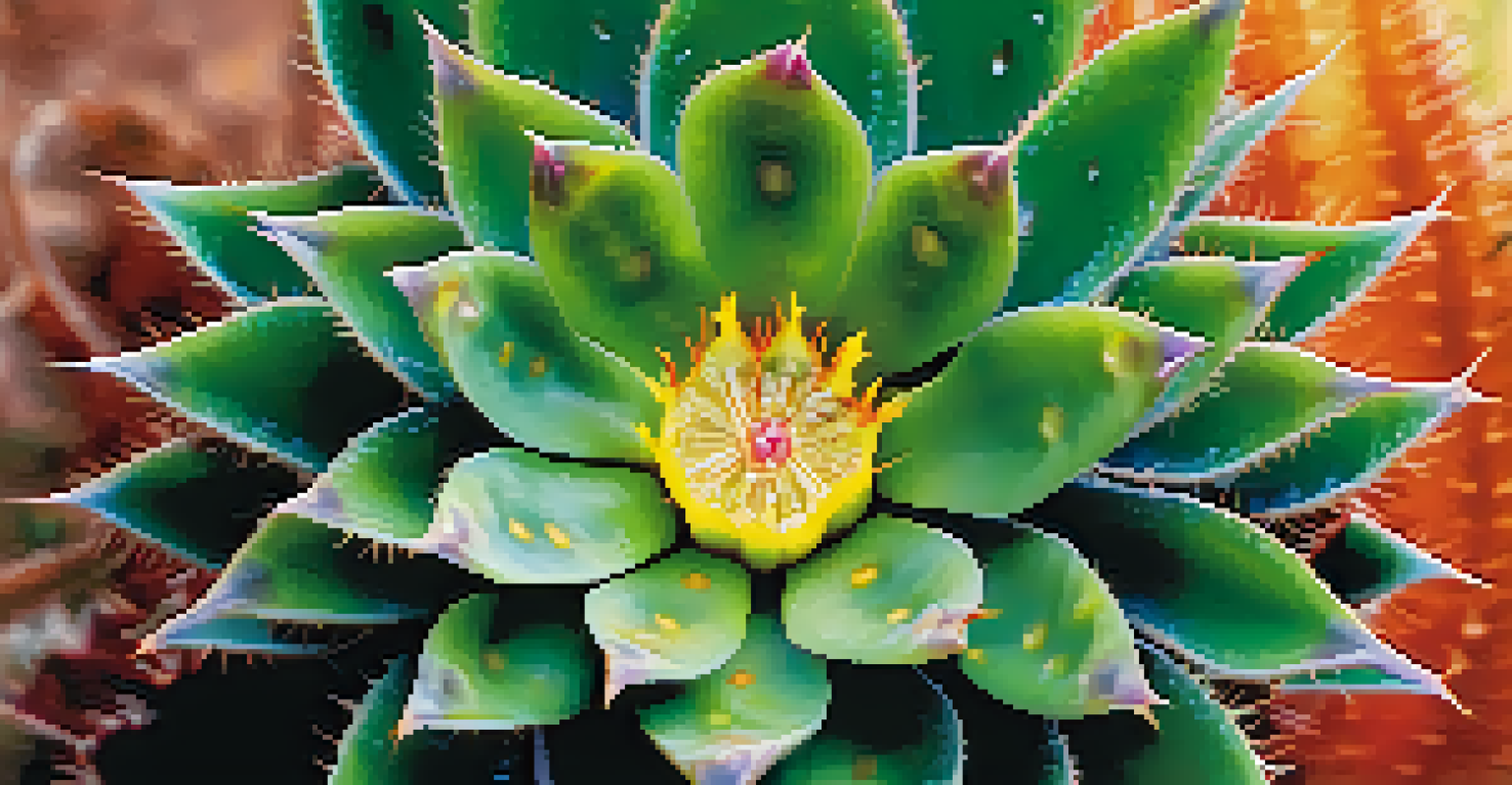A close-up of a Peyote cactus highlighting its details and textures, with blurred desert plants in the background.