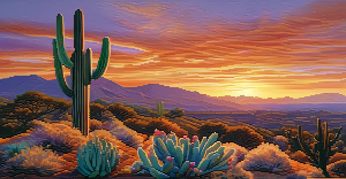 A vibrant peyote cactus in the foreground with a beautiful sunset sky, rolling hills, and traditional Indigenous structures in the background.