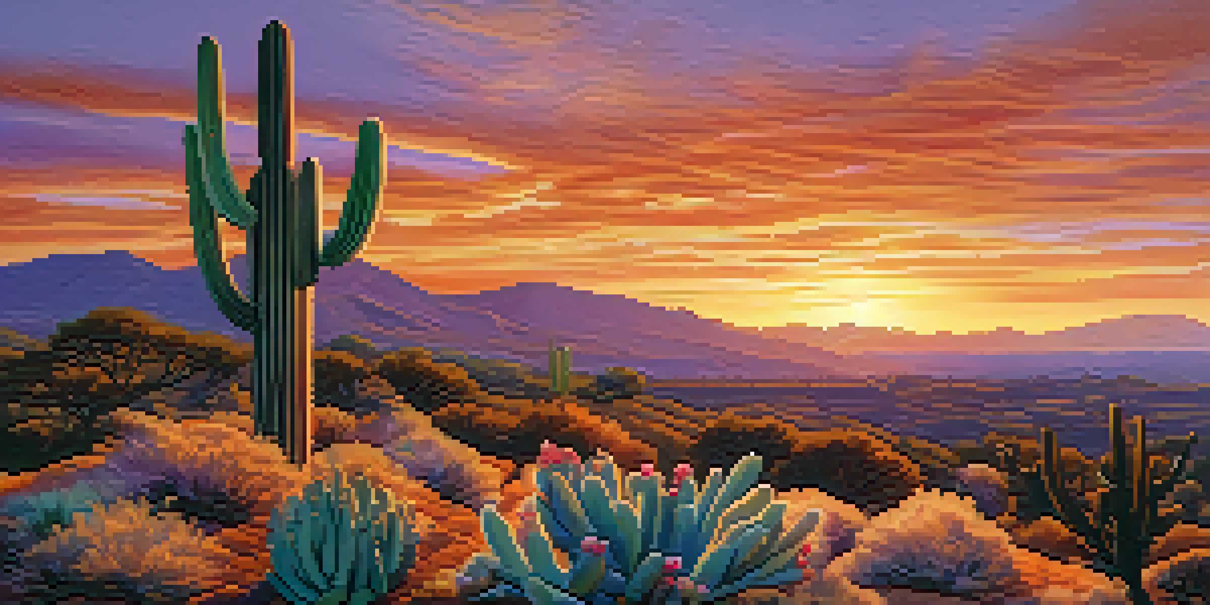A vibrant peyote cactus in the foreground with a beautiful sunset sky, rolling hills, and traditional Indigenous structures in the background.