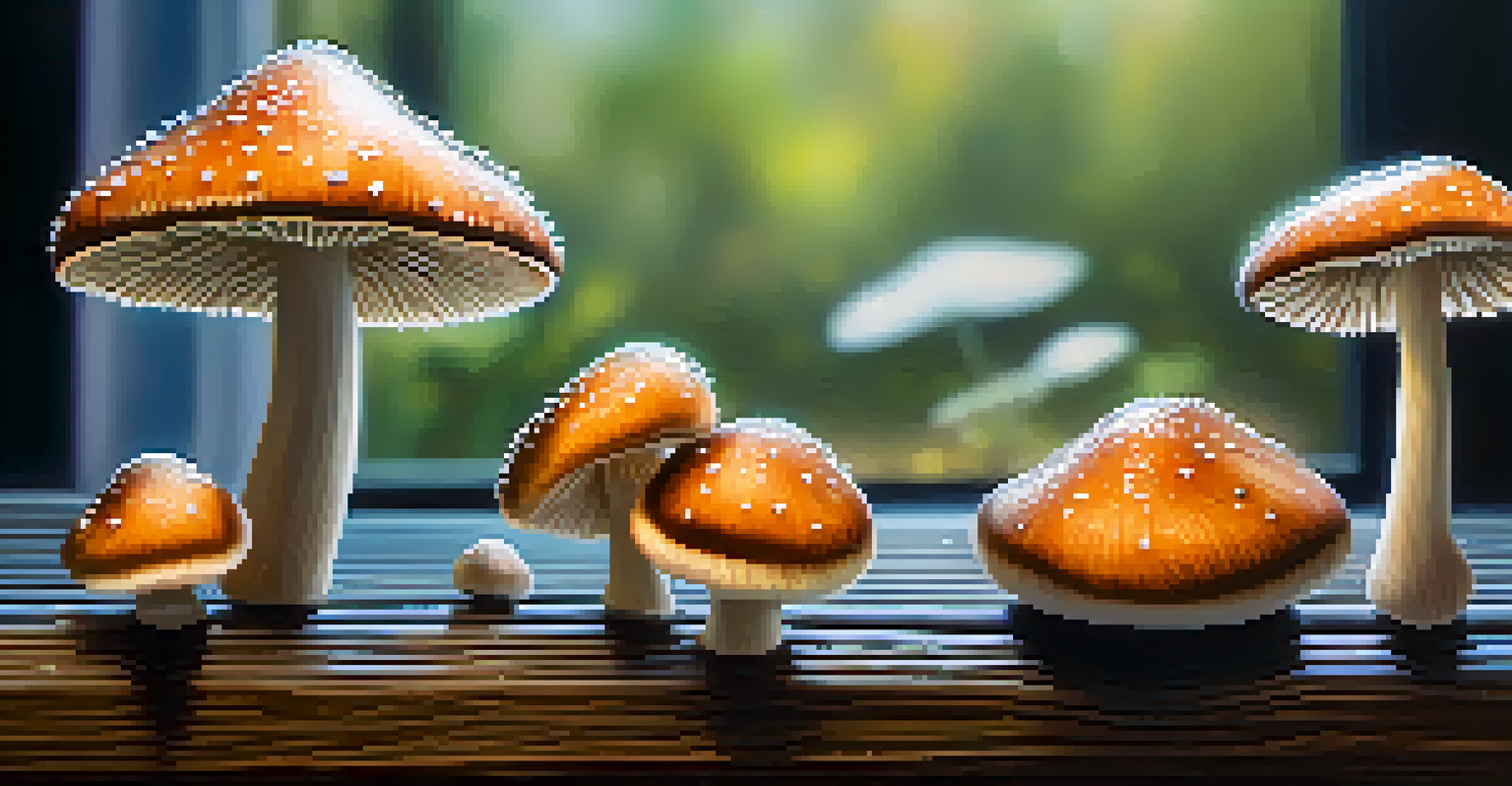 Close-up of psilocybin mushrooms with water droplets on a wooden table.