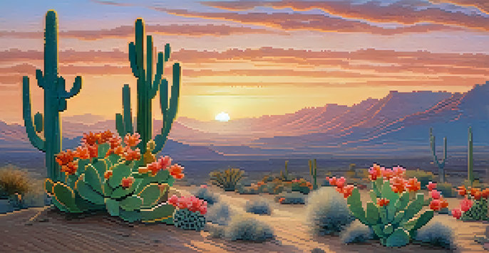 A tranquil desert scene at dawn with a peyote cactus in the foreground, surrounded by soft pink and orange hues in the sky.