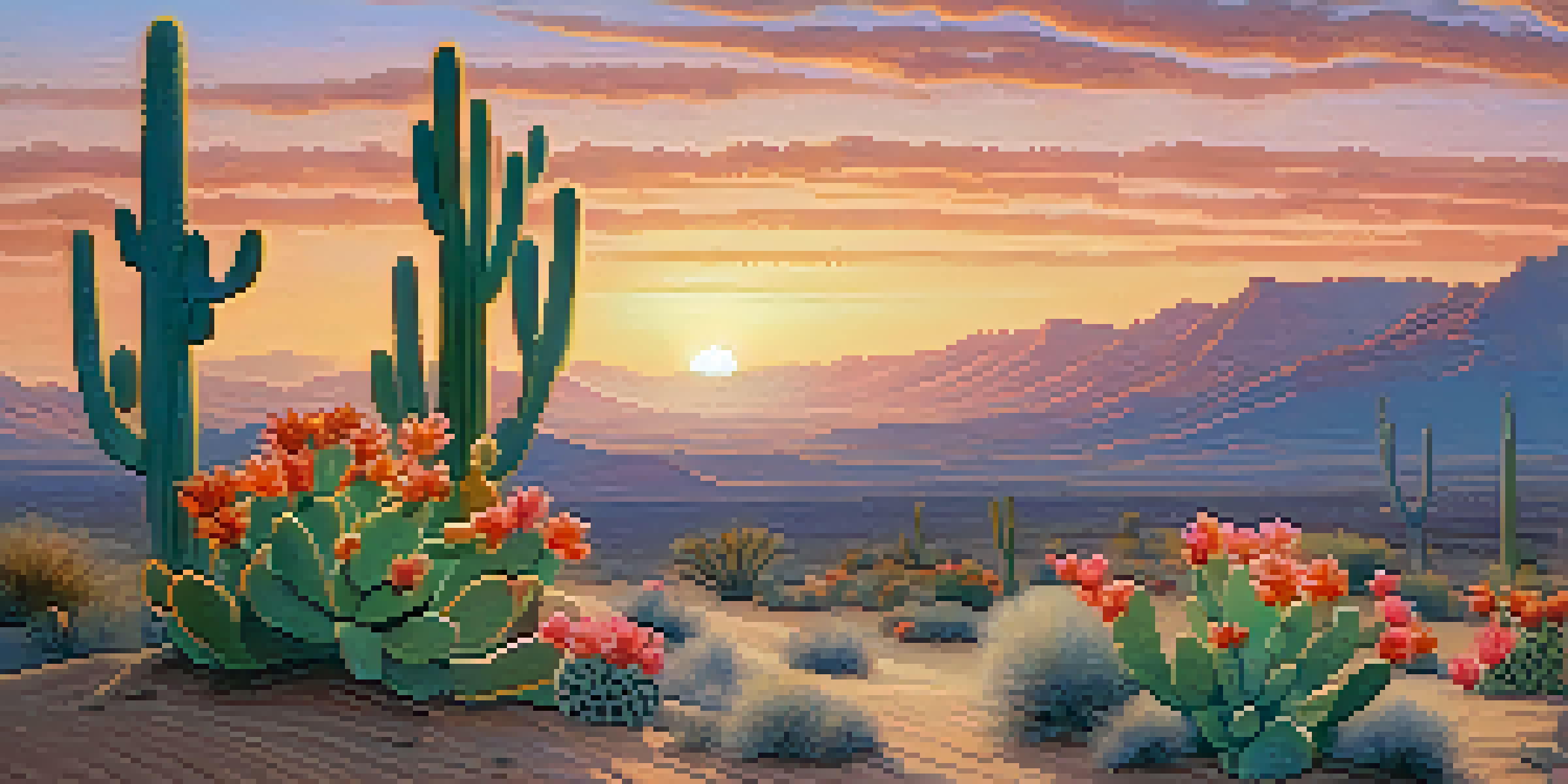 A tranquil desert scene at dawn with a peyote cactus in the foreground, surrounded by soft pink and orange hues in the sky.