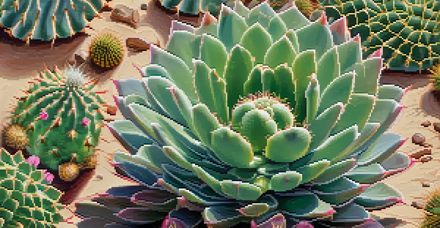 A close-up view of a peyote cactus showcasing its texture and vibrant colors among desert plants.