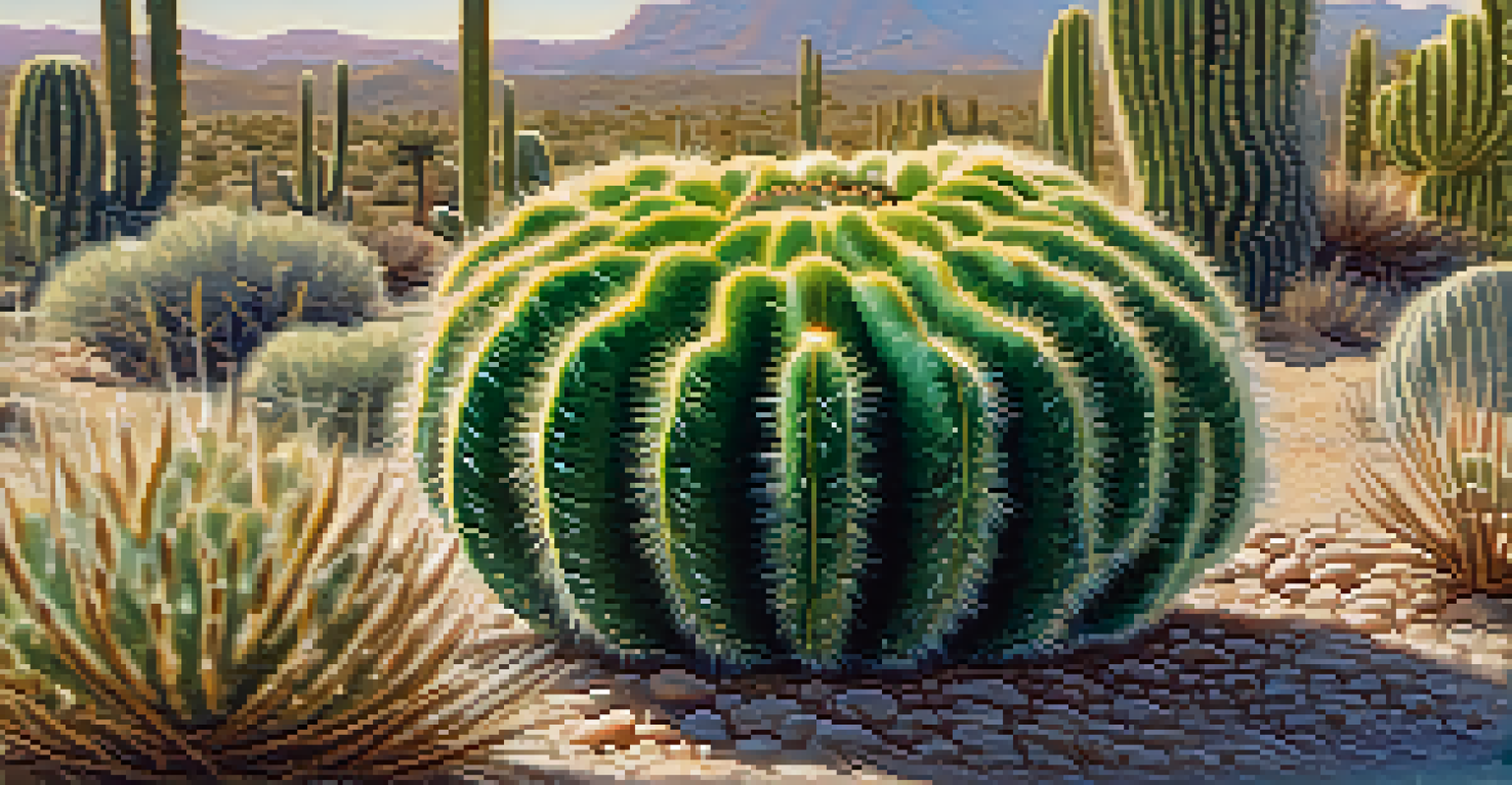 A close-up of a vibrant green peyote cactus with detailed textures and a blurred desert background.