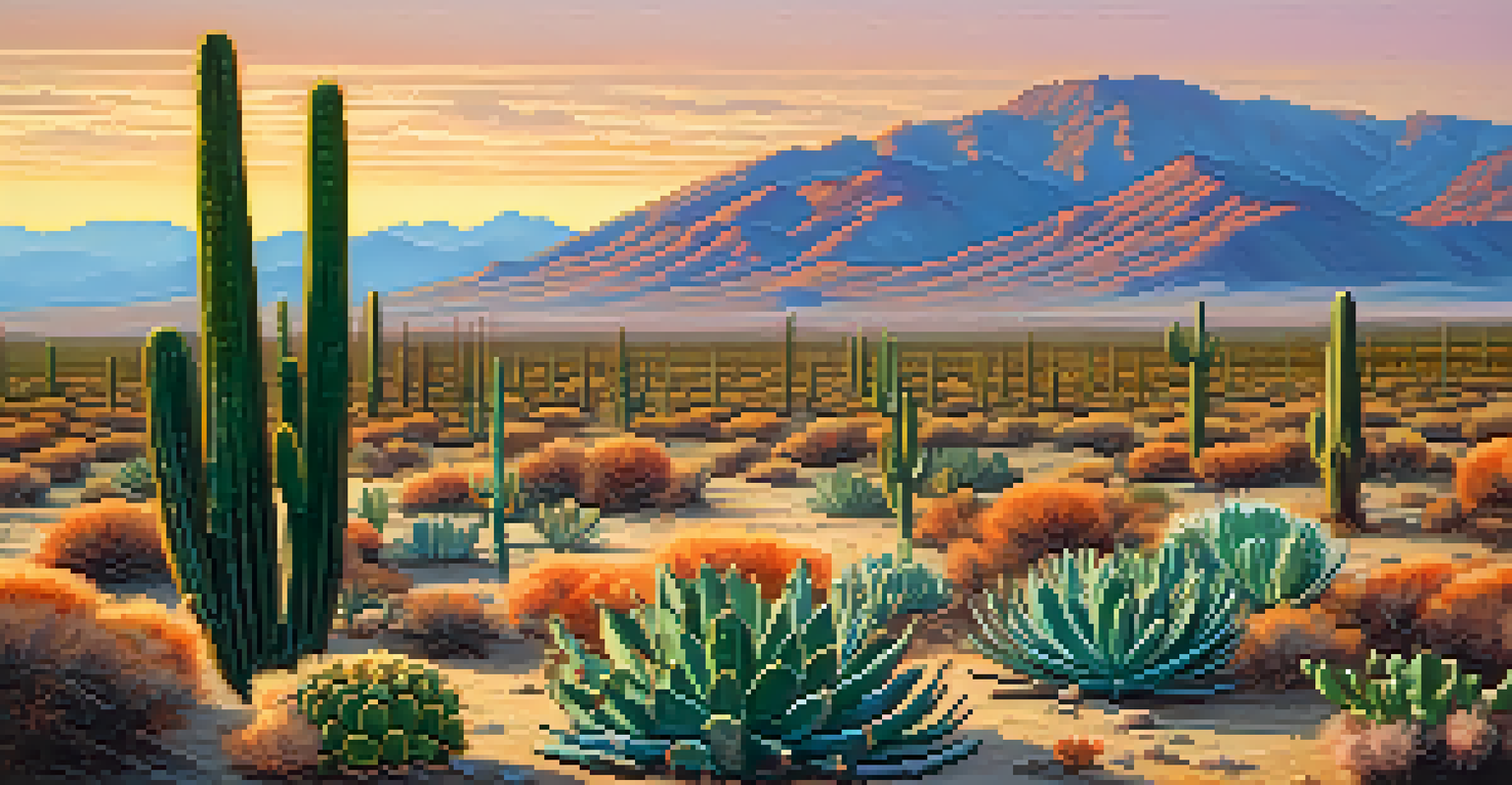Expansive desert landscape filled with Peyote cacti at sunrise, with a colorful sky and golden light illuminating the scene.