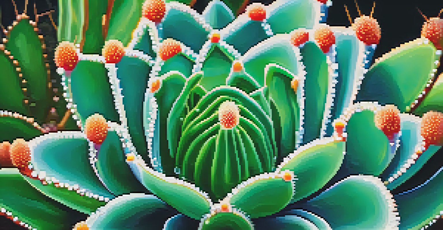 A close-up of a peyote cactus with dew drops, surrounded by green foliage and soft morning light, showcasing intricate details.