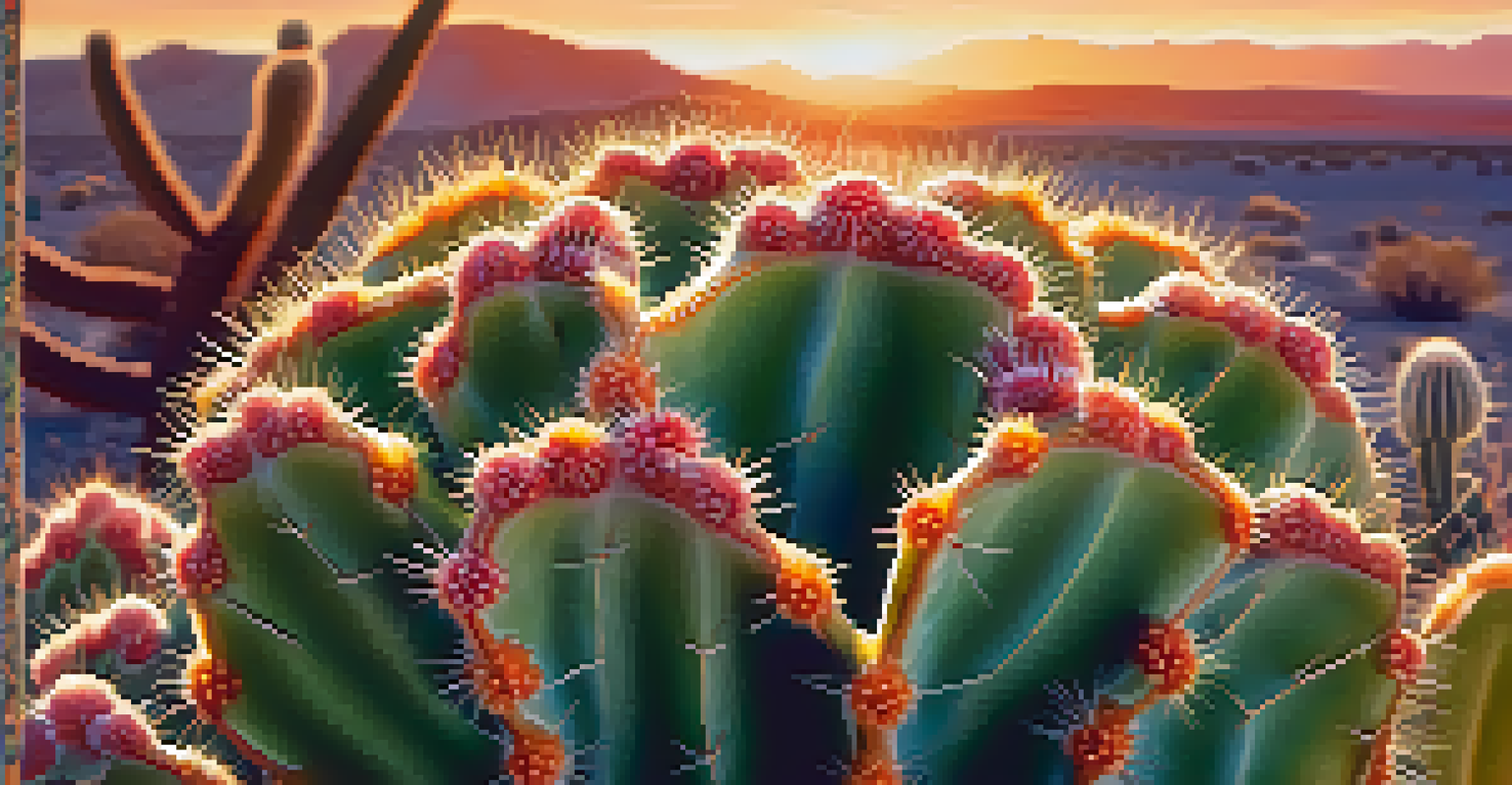 Close-up of a peyote cactus with vibrant colors and textures, set against a blurred desert background.