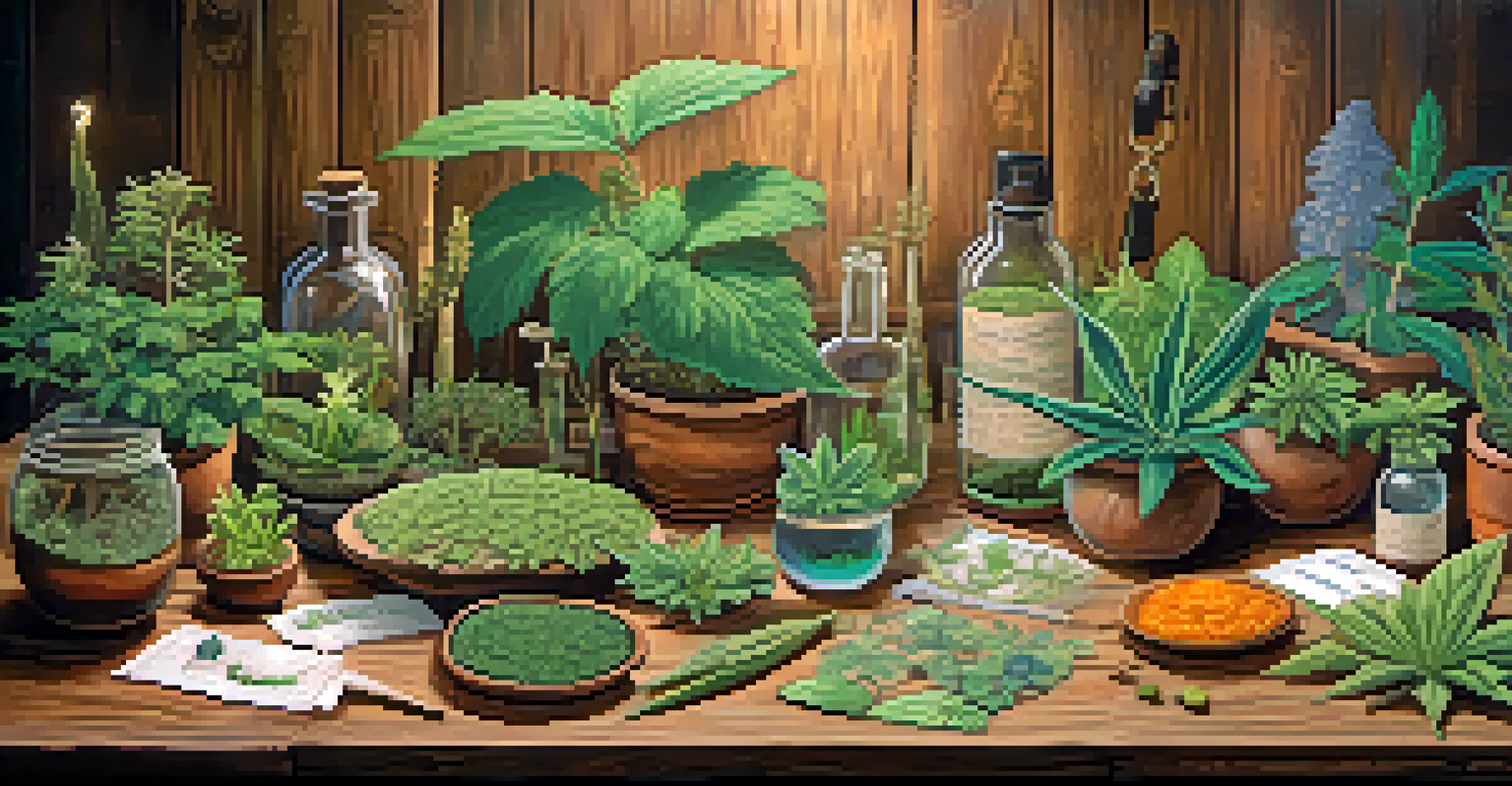 An artistic arrangement of healing plants including Peyote, ayahuasca, psilocybin mushrooms, and cannabis on a rustic wooden table.