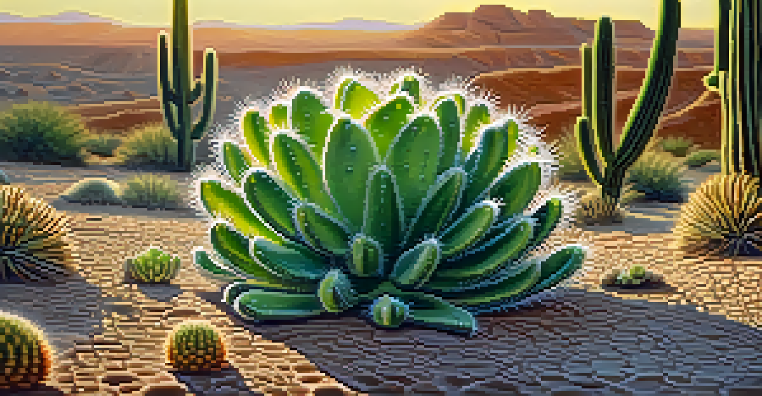 A close-up view of a peyote cactus with vibrant green colors and unique formations, set against a softly blurred desert background.