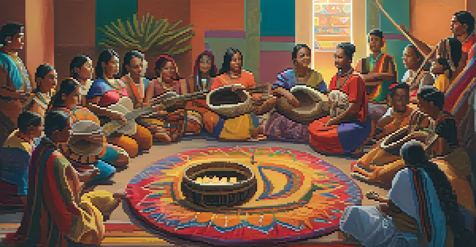 Participants engaging in a Peyote ceremony, singing and playing traditional instruments in a vibrant, sacred atmosphere.