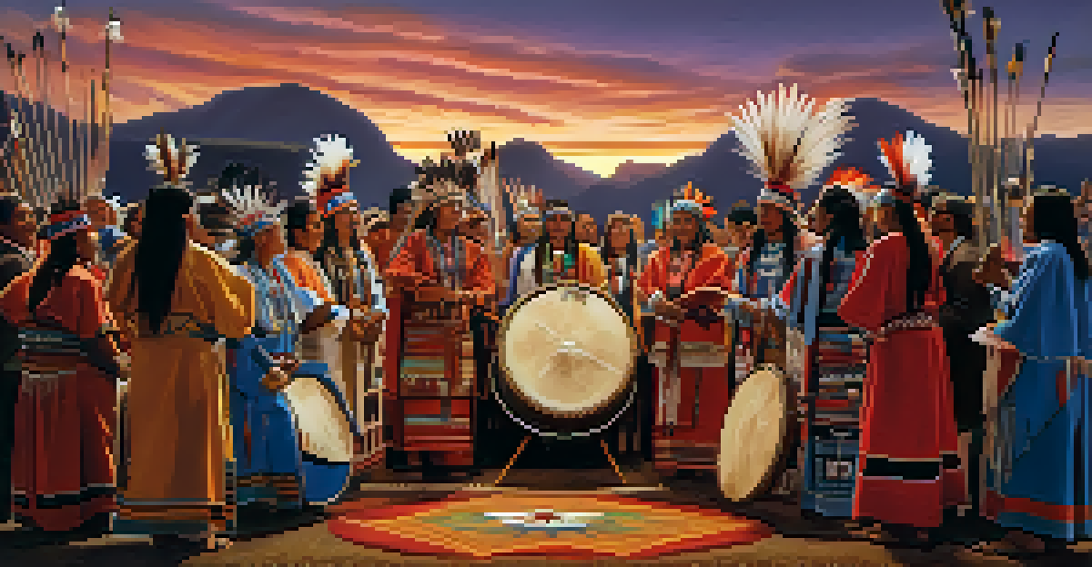 Close-up of a Native American ceremonial gathering, with participants dancing in traditional attire amidst drums and flutes under a starry sky.