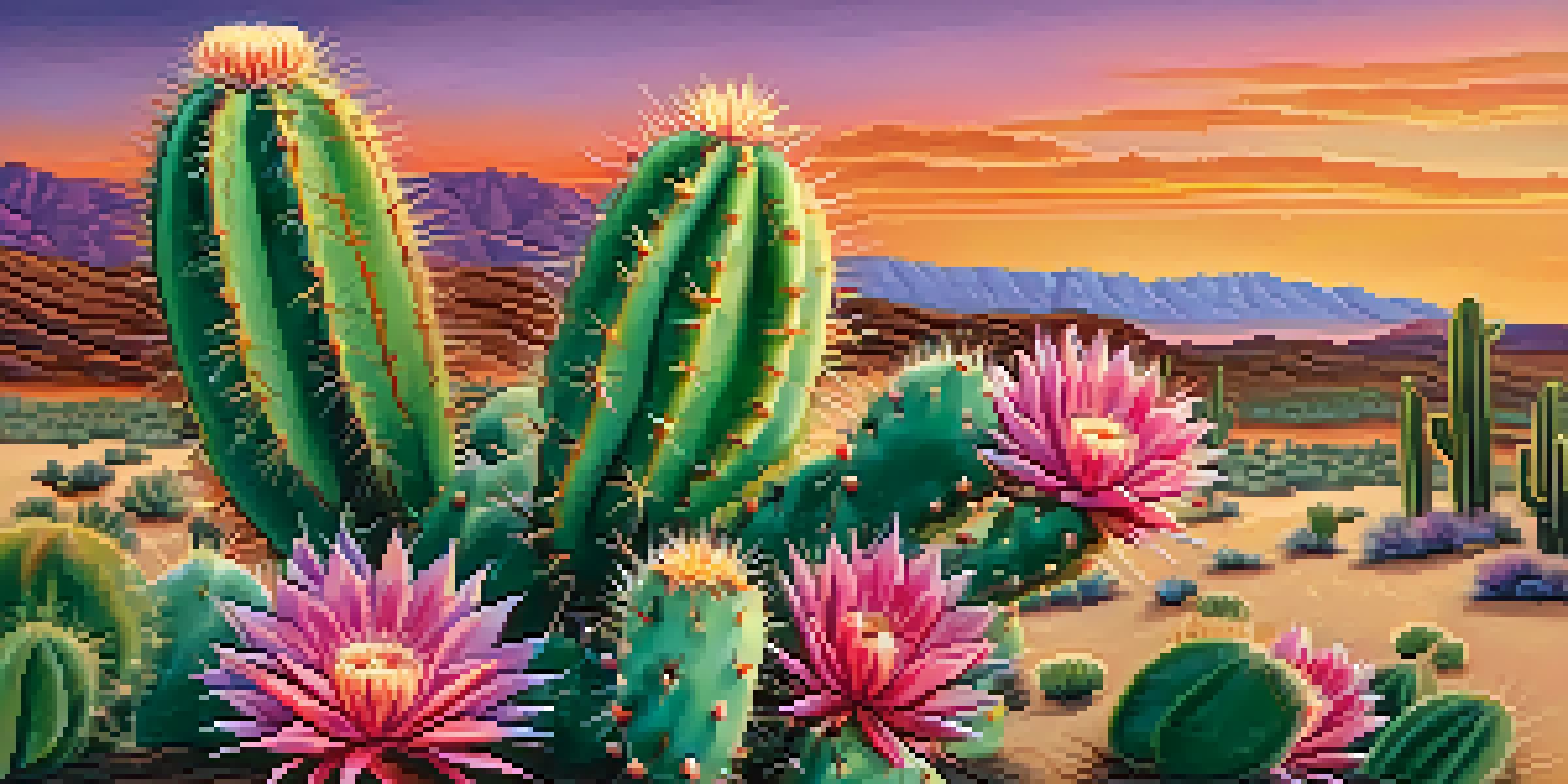 A detailed close-up of a peyote cactus with flowers, surrounded by a vibrant sunset desert landscape.