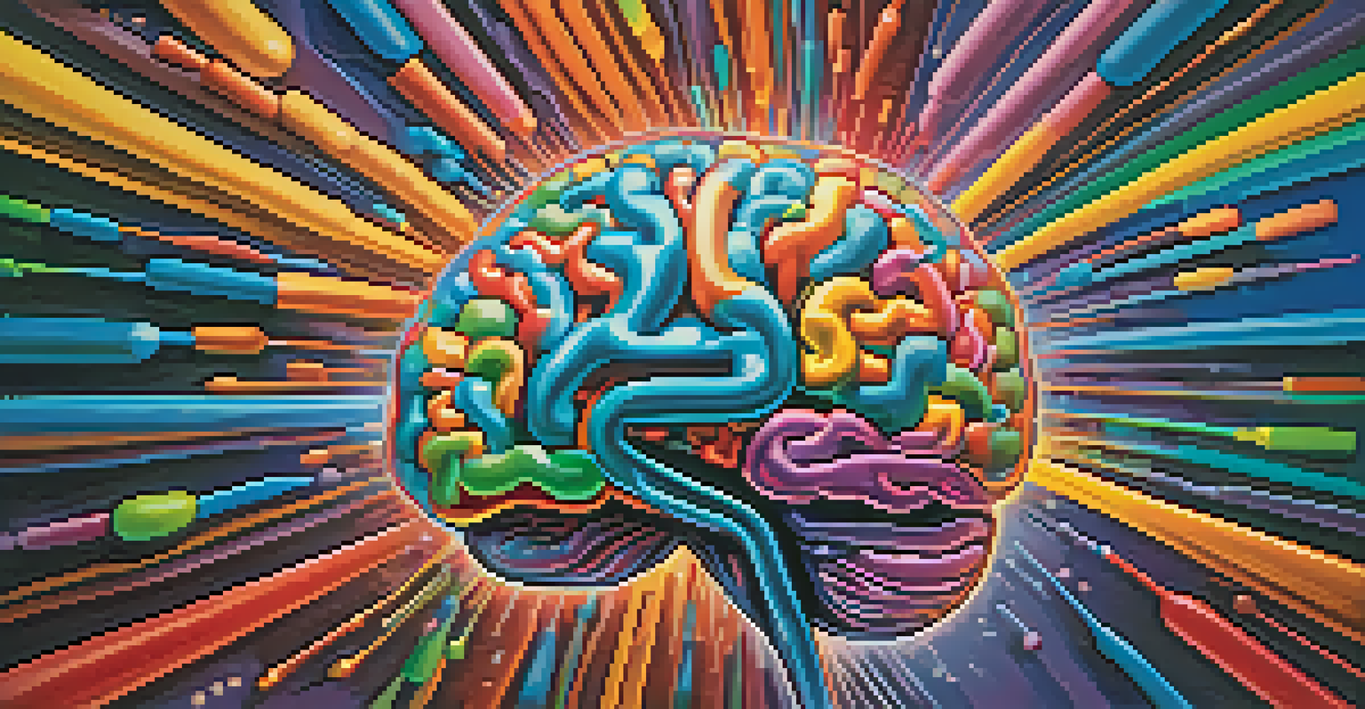 A colorful artistic depiction of a human brain showing neurotransmitter interactions, with vibrant pathways and abstract shapes representing creativity.