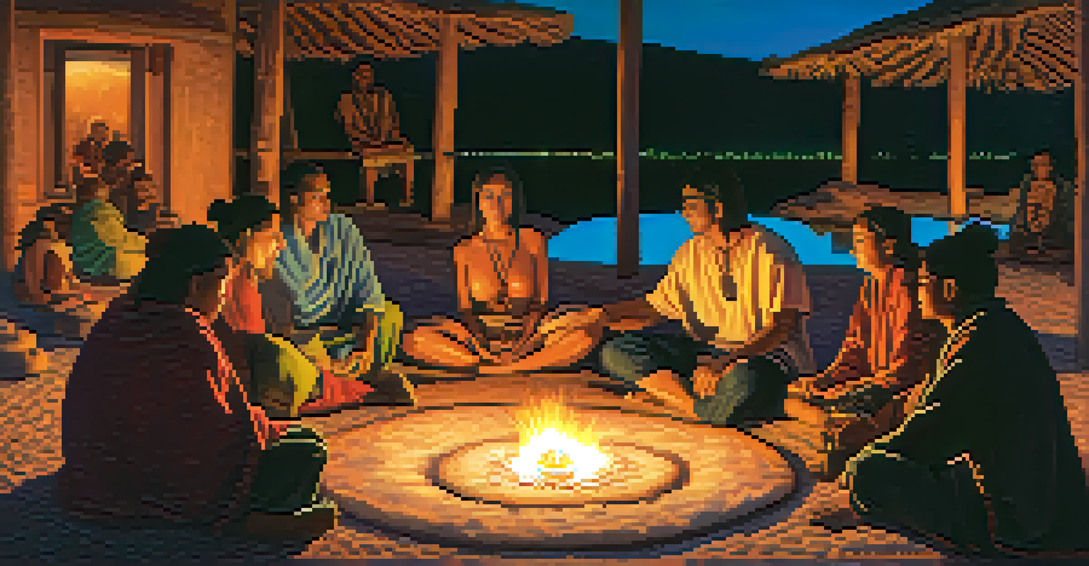 A group of diverse individuals seated in a circle during a peyote ceremony, with a fire in the center and soft candlelight.