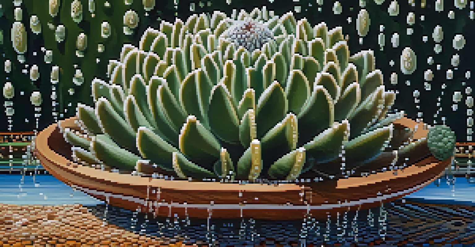A close-up view of a peyote cactus with water droplets, with a blurred traditional ceremony in the background.