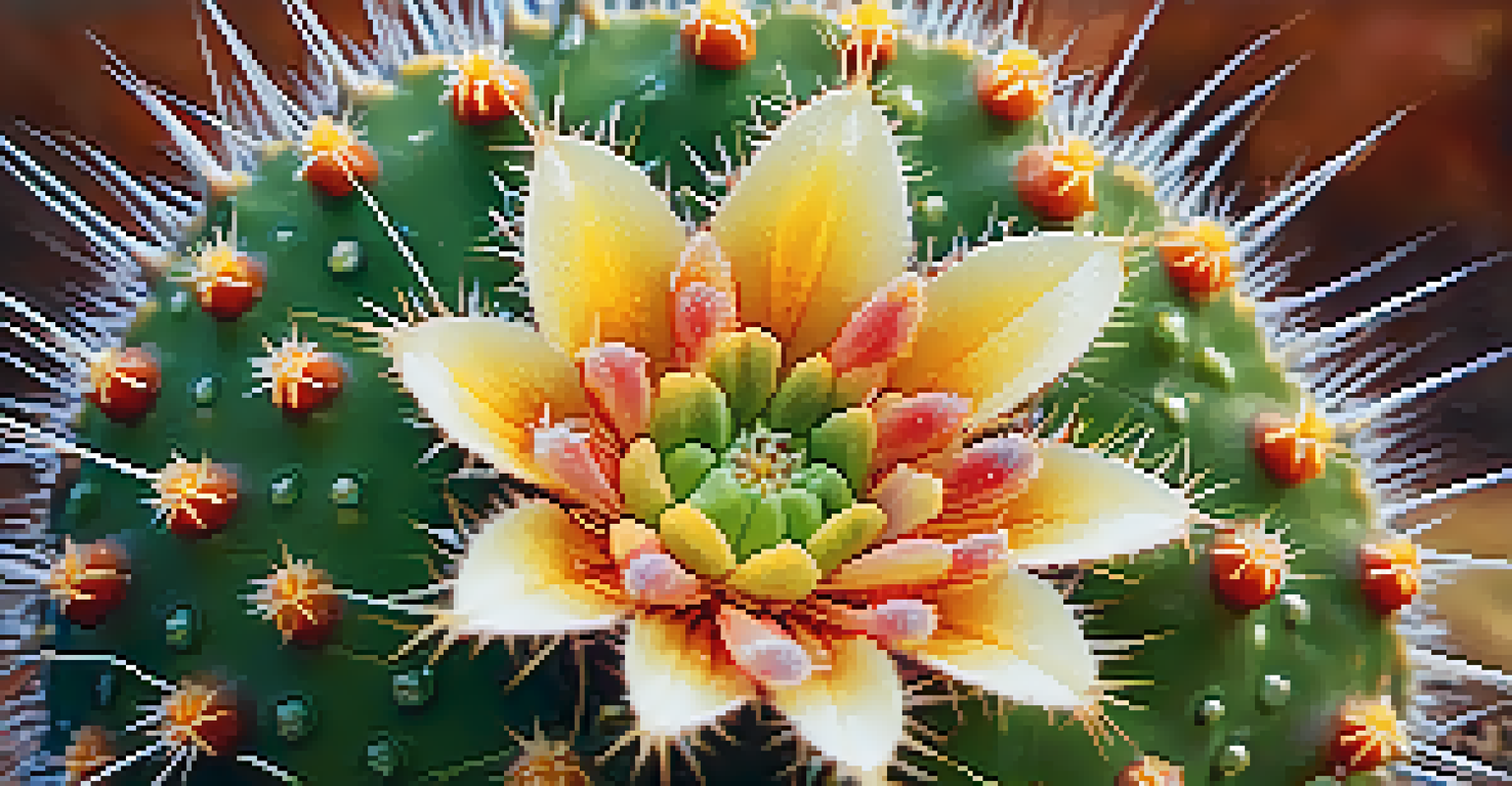 A close-up of a peyote cactus with dew drops, focusing on its texture and vibrant colors, with a blurred background.
