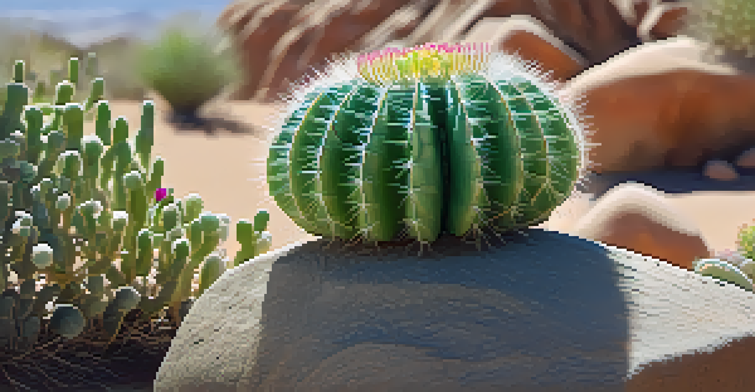 Close-up of a peyote cactus on a rock, showcasing its vibrant green color and delicate flowers.