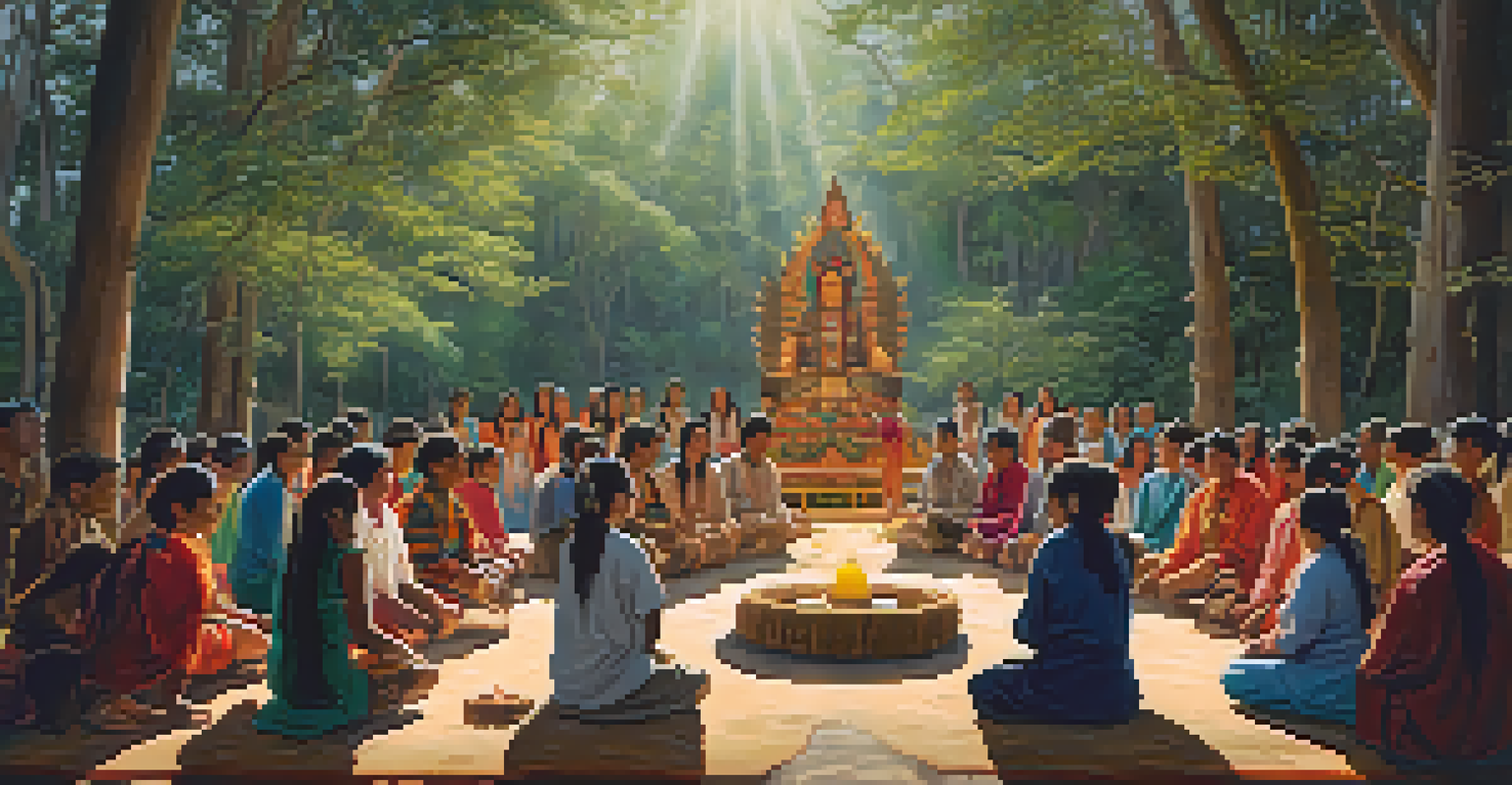 Indigenous ceremony with participants in traditional clothing gathered around an altar with Peyote in a natural setting.