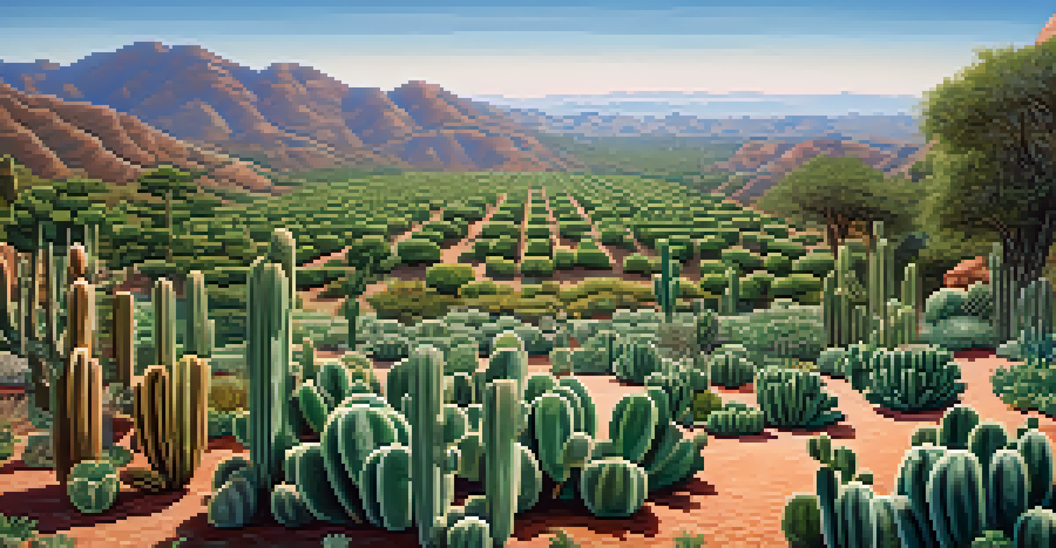 A peyote garden cultivated by Indigenous people, with rows of cacti under a clear blue sky and lush greenery.