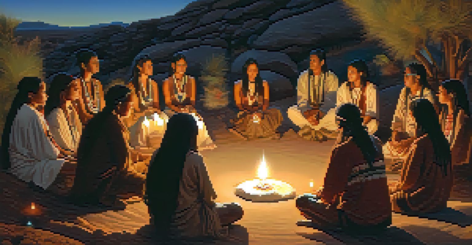 A group of participants in a peyote ceremony, seated in a circle with warm lantern light, surrounded by traditional Native American symbols.