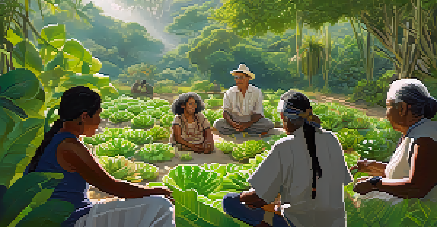 An indigenous elder teaching a group about sustainable peyote cultivation in a lush outdoor setting.