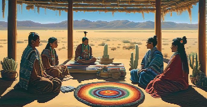 A peaceful Peyote ceremony with participants in traditional attire, surrounded by nature and colorful blankets, illuminated by a warm sunset.