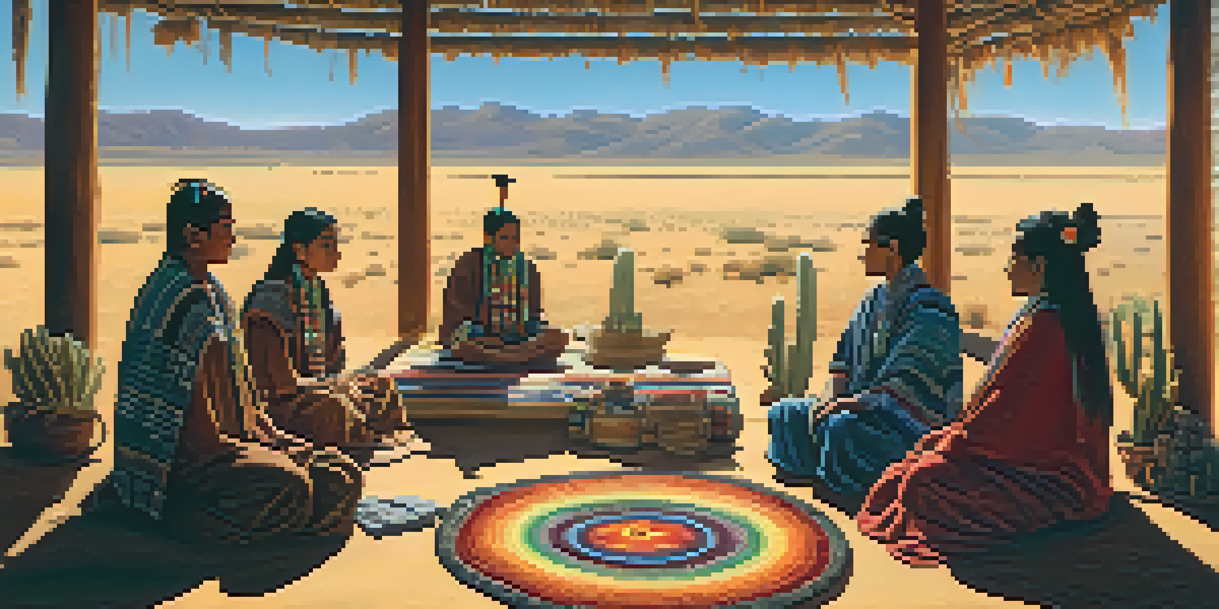 A peaceful Peyote ceremony with participants in traditional attire, surrounded by nature and colorful blankets, illuminated by a warm sunset.