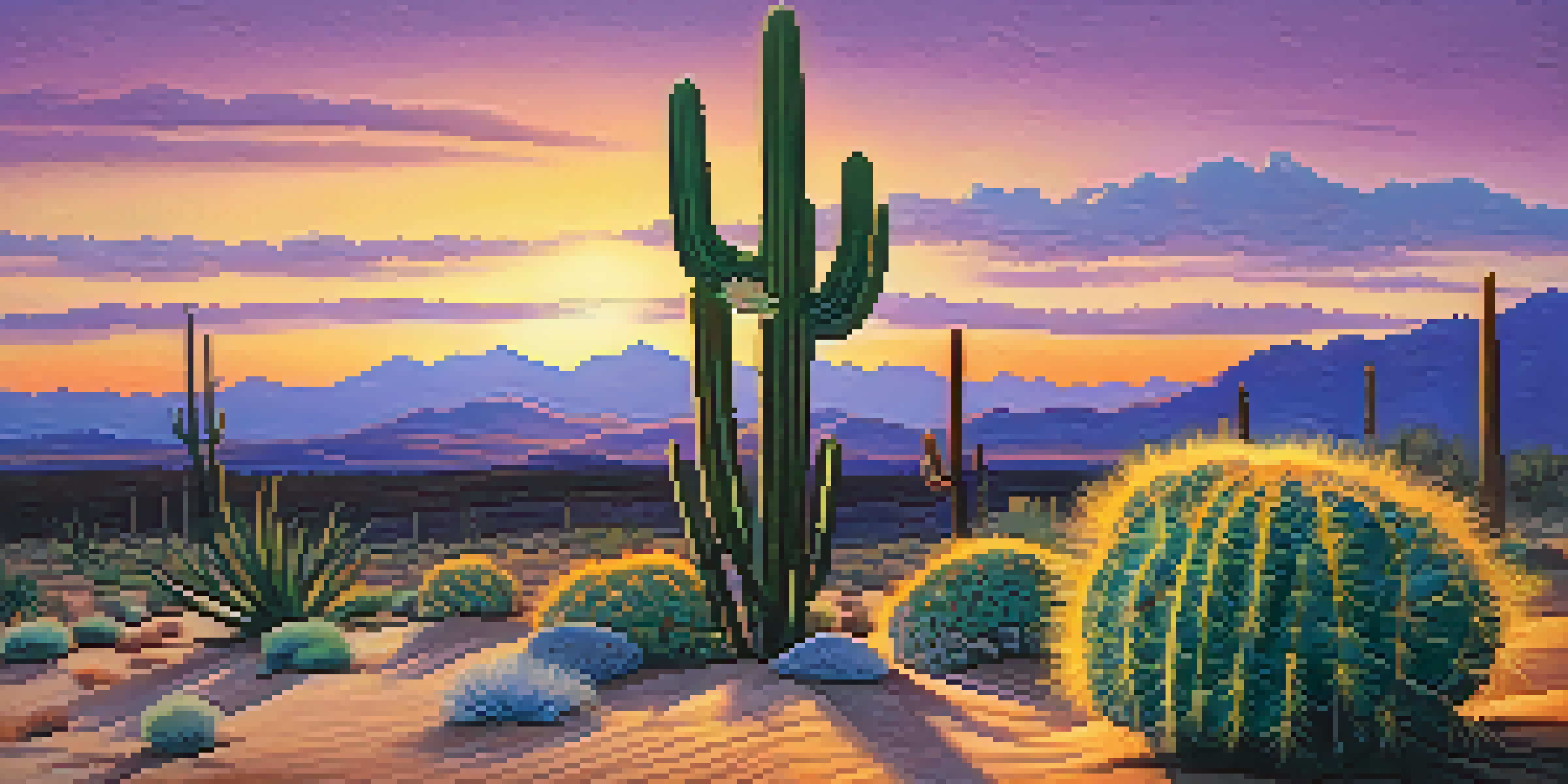 A tranquil desert scene with a peyote cactus at sunset, featuring golden sand and a purple sky.