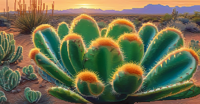 A close-up of a peyote cactus with a blurred desert landscape at sunset, highlighting its green color and tiny spines.