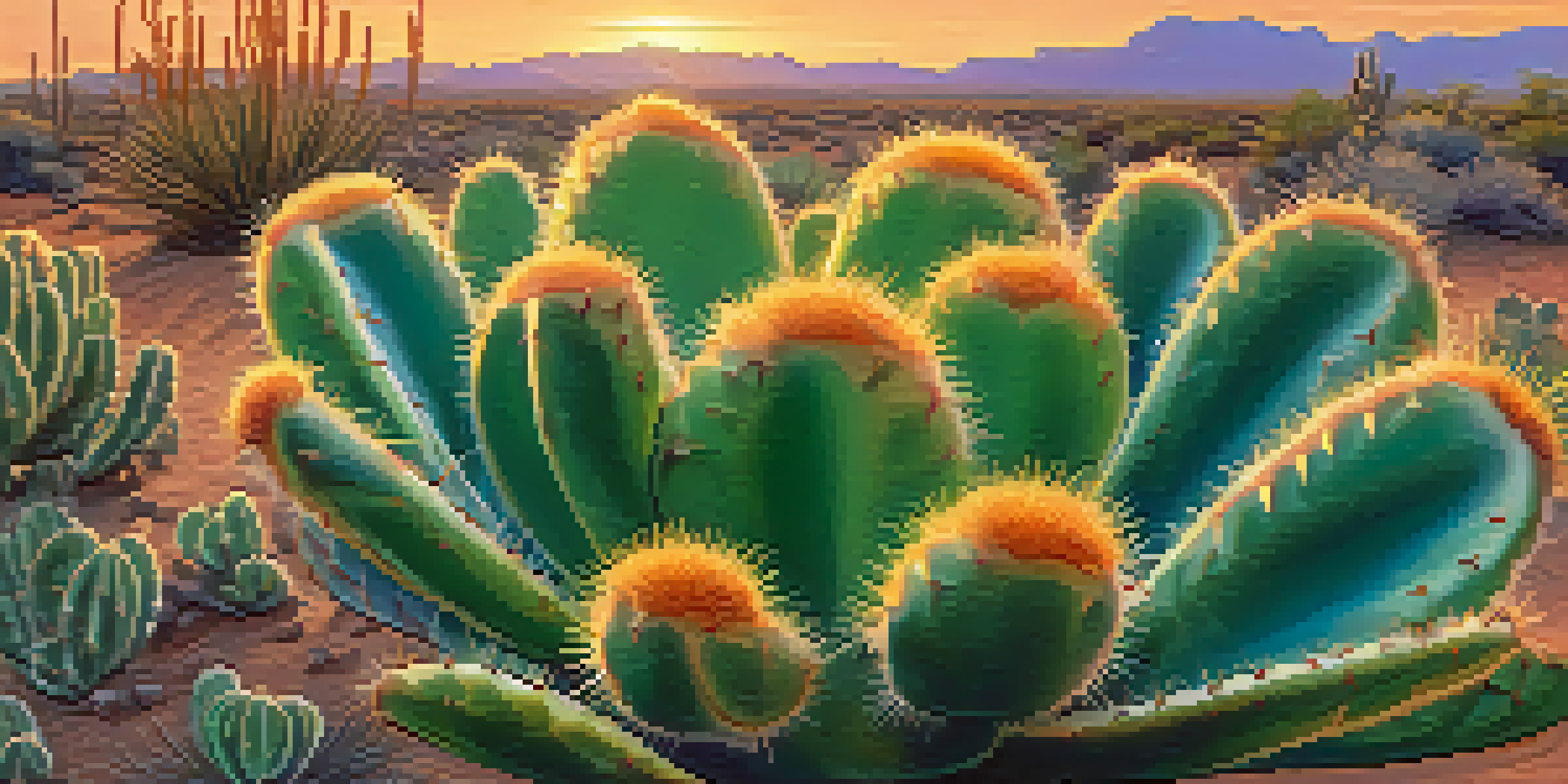 A close-up of a peyote cactus with a blurred desert landscape at sunset, highlighting its green color and tiny spines.