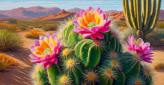 Close-up of a blooming peyote cactus with vibrant green textures and colorful flowers in a soft-focus desert landscape.