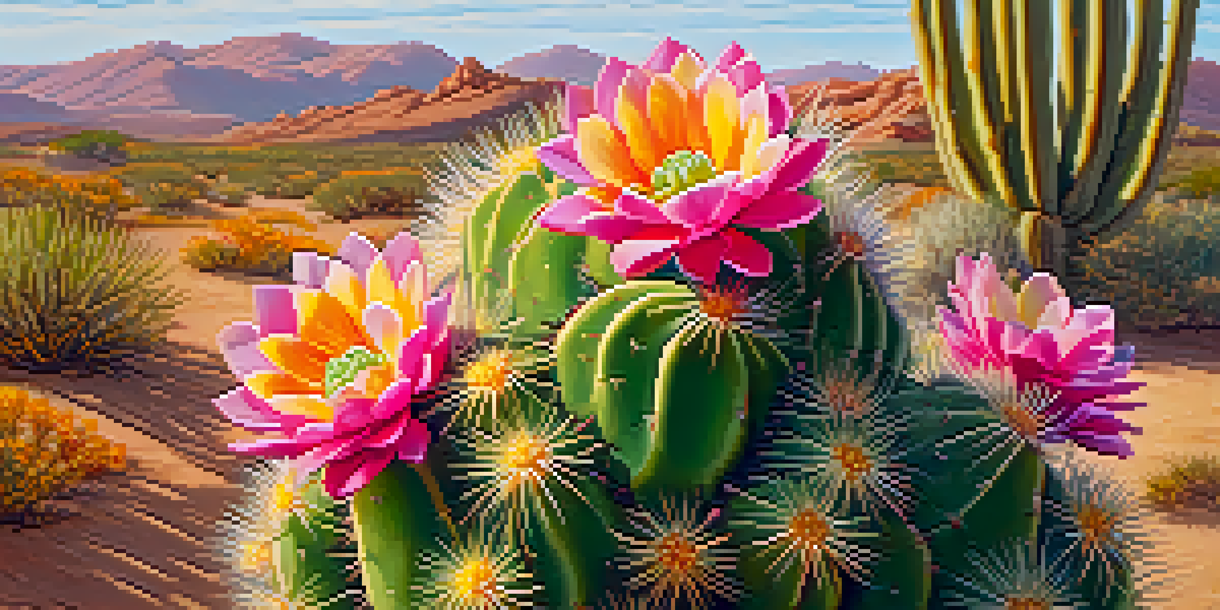 Close-up of a blooming peyote cactus with vibrant green textures and colorful flowers in a soft-focus desert landscape.