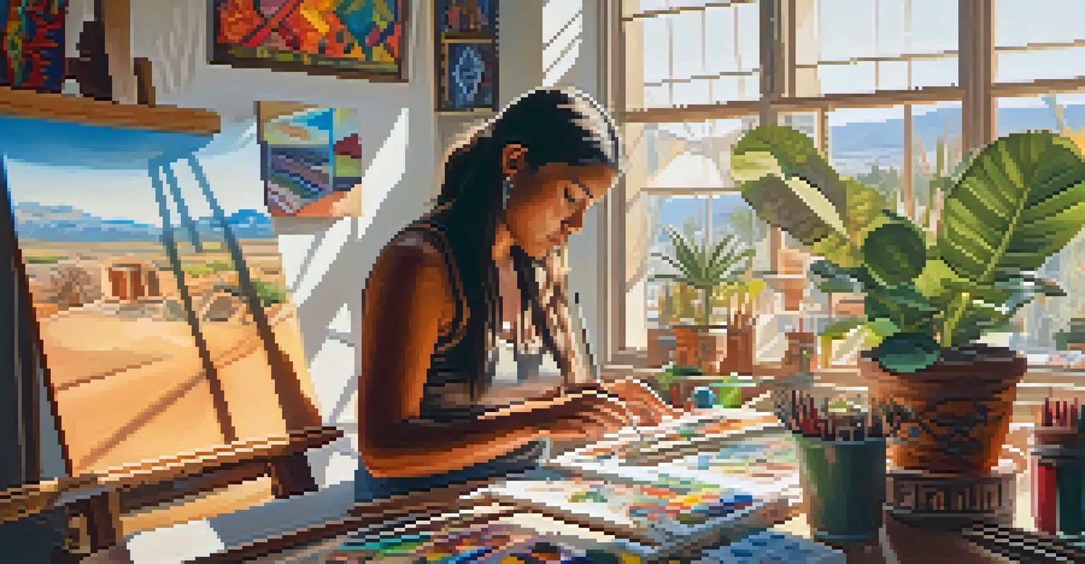 An Indigenous artist painting in a sunlit studio, surrounded by art supplies and peyote plants, with vibrant canvases in the background.