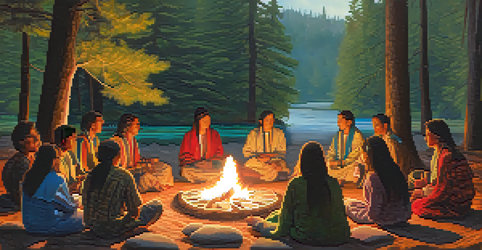A group of people participating in a peyote ceremony in a natural setting, with a fire in the center.