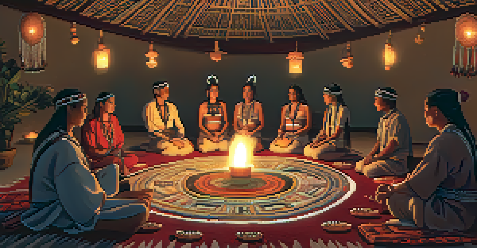 A ceremonial gathering of Indigenous people with traditional attire and a central peyote plant, illuminated by candlelight.