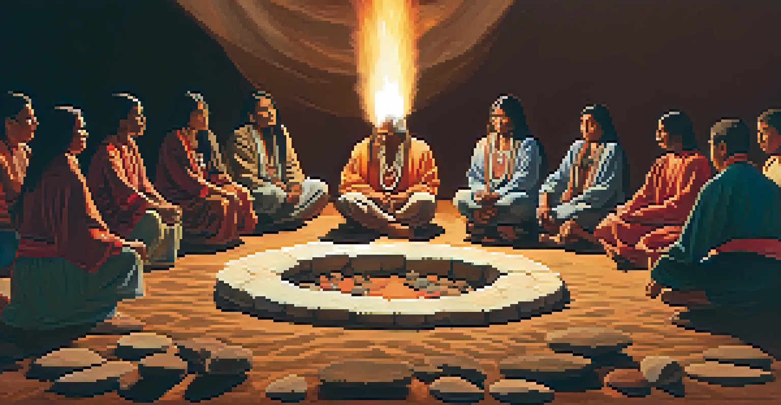 A group of people seated in a circle for a peyote ceremony, surrounded by traditional items and a small fire, illuminated by warm light.