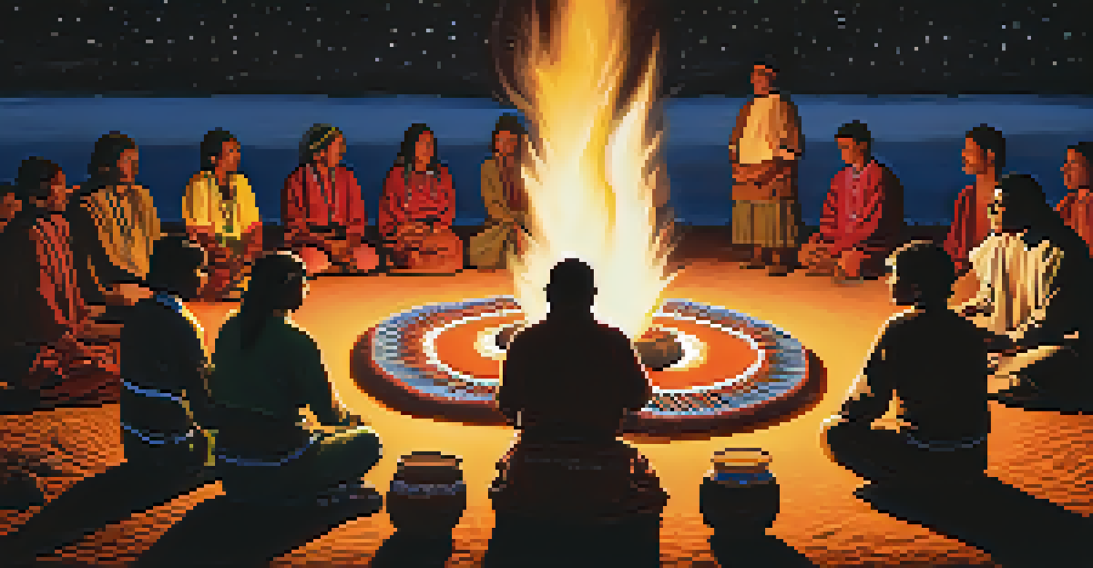 A group of Indigenous people in traditional attire engaged in a peyote ceremony around a fire, creating a warm and communal atmosphere.