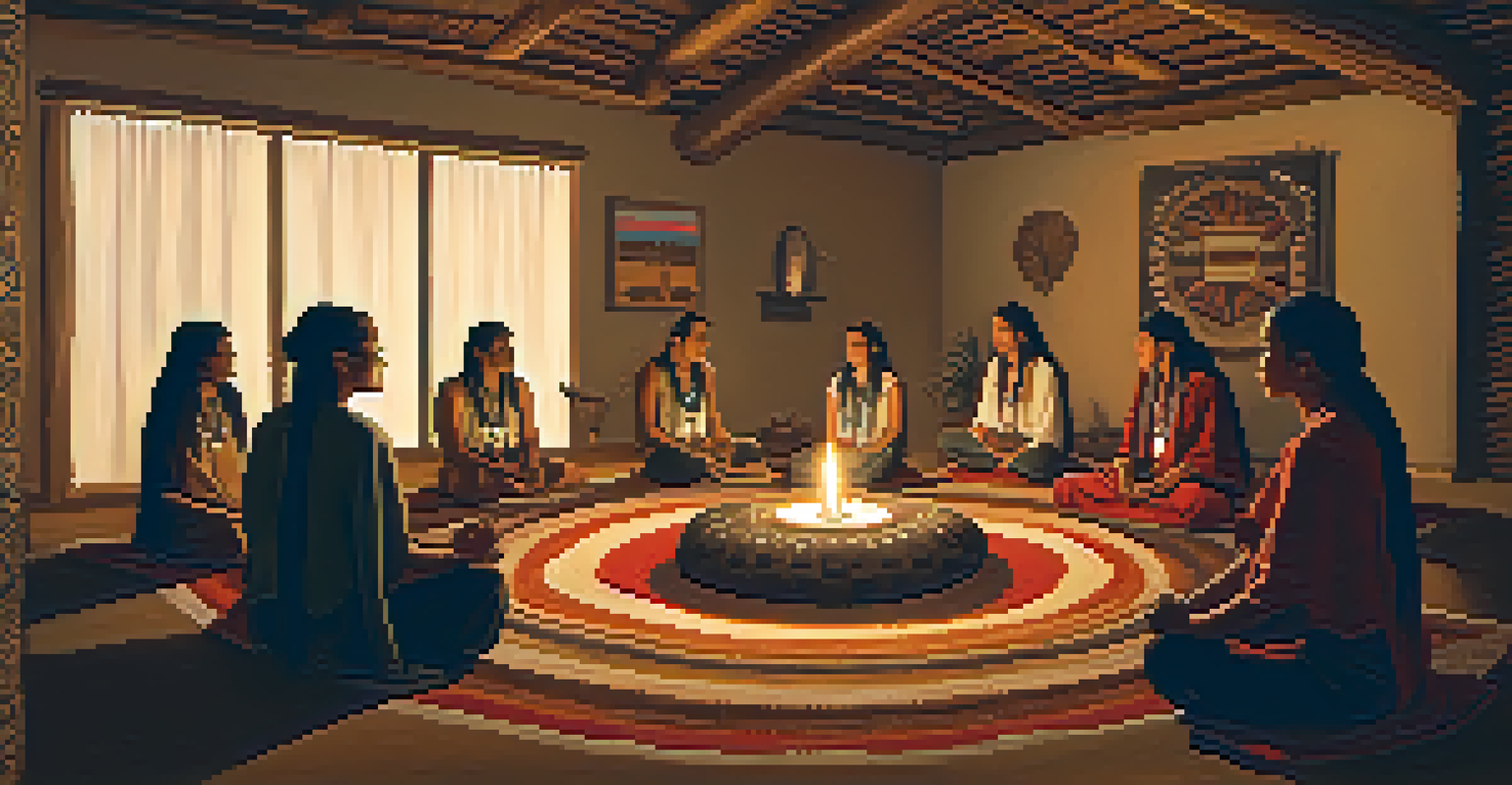An intimate peyote ceremony with participants sitting in a circle, surrounded by traditional artifacts and warm candlelight.
