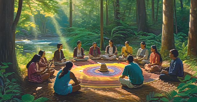 A peaceful forest scene showing participants in a Peyote music ritual, surrounded by lush greenery and traditional musical instruments.