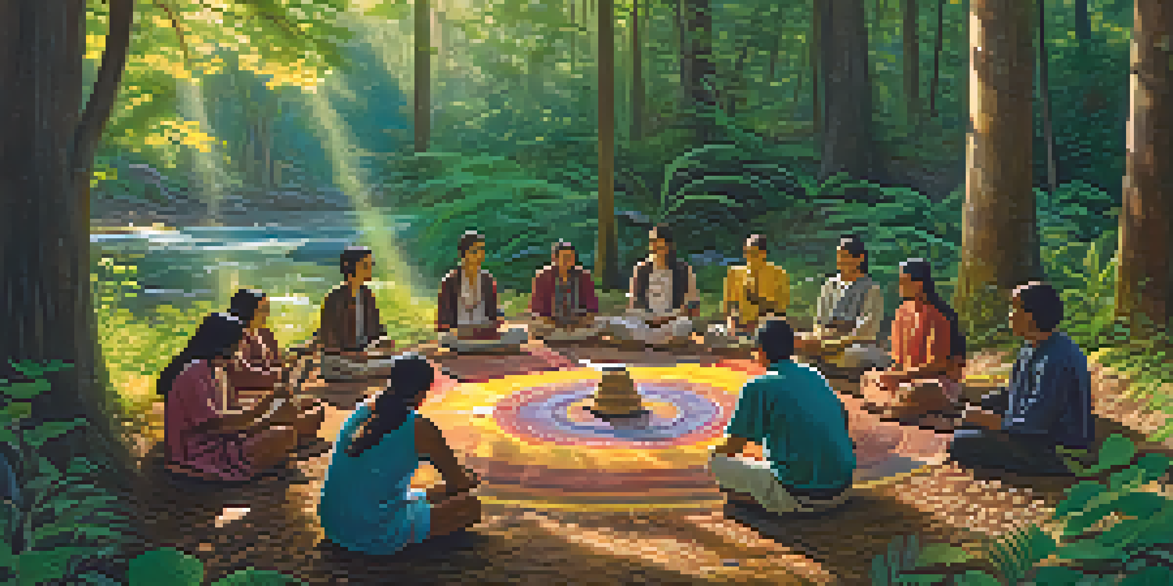 A peaceful forest scene showing participants in a Peyote music ritual, surrounded by lush greenery and traditional musical instruments.