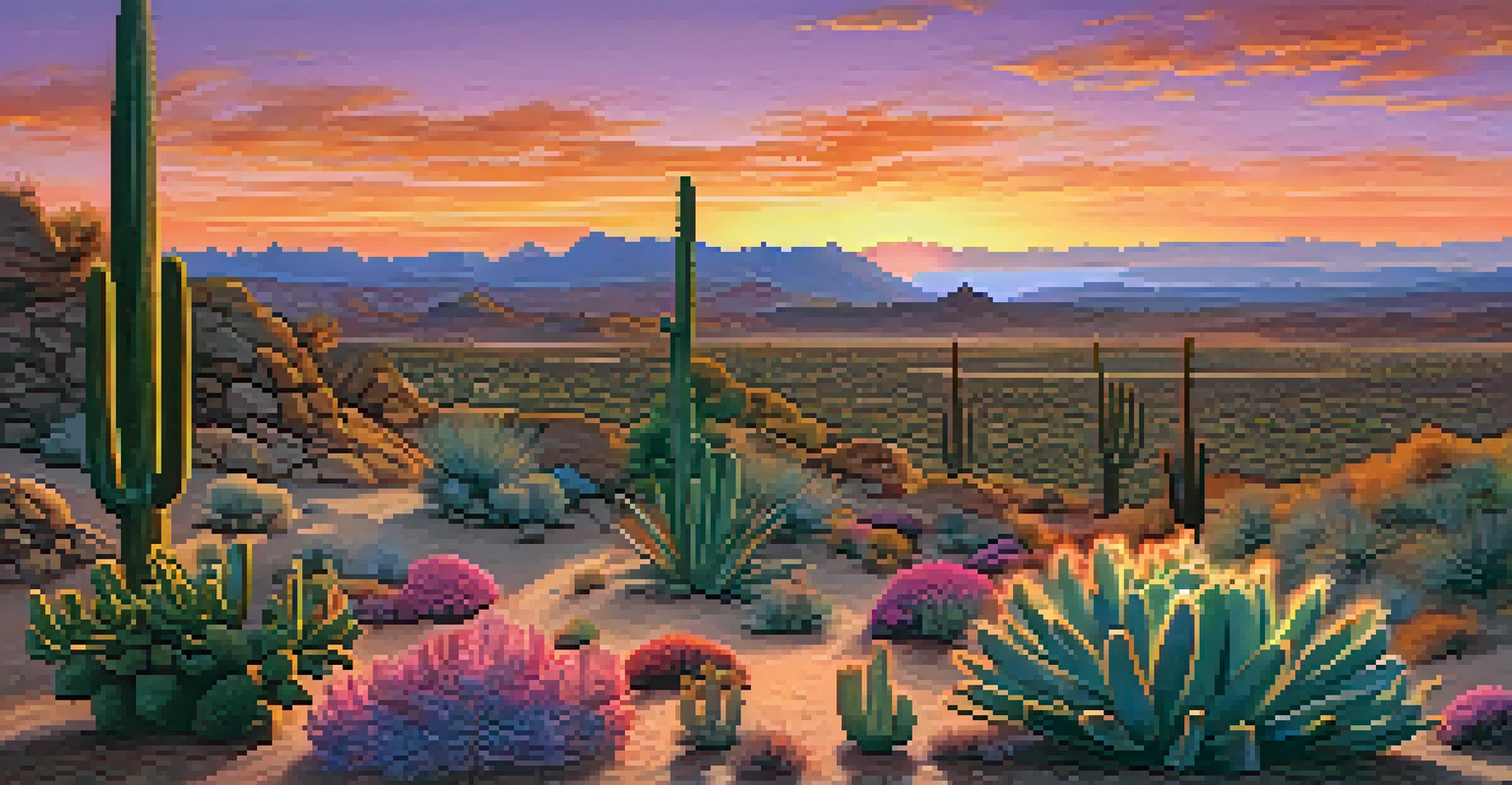 A picturesque sunset over a peyote cactus habitat with vibrant colors in the sky.