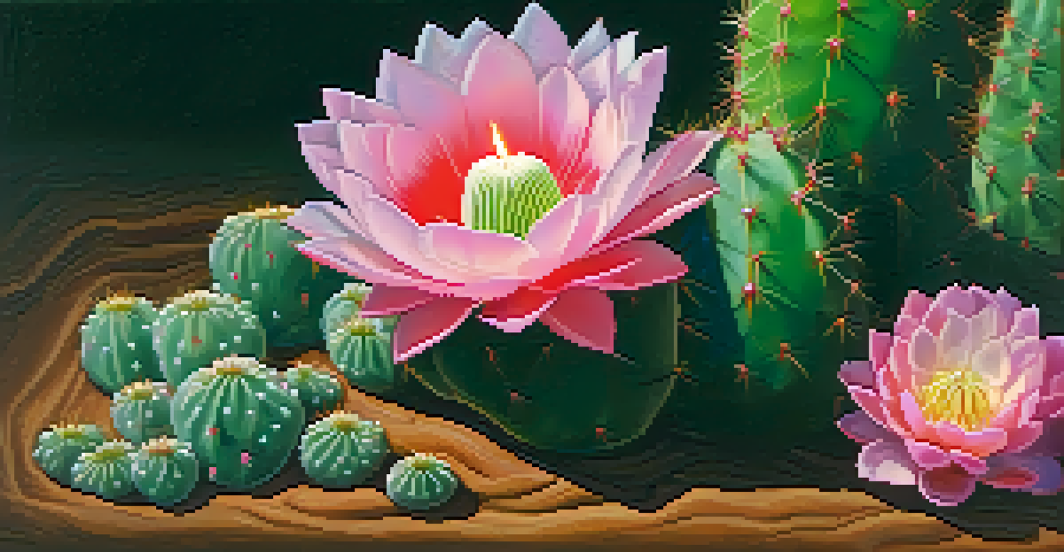 A close-up of a peyote cactus with pink flowers in a softly lit setting, hinting at a traditional healing ceremony.