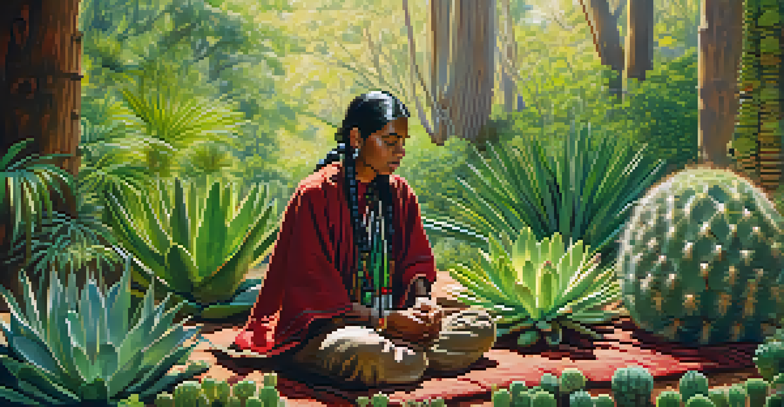 An Indigenous person in traditional clothing caring for peyote cacti in a vibrant green setting with sunlight filtering through trees.